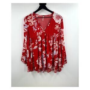 Free People Red Floral Bell Sleeve Oversized Bouse Size Small